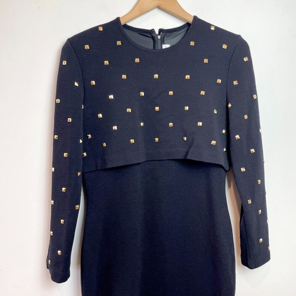 Vintage 90s Black Gold Studded Dress Medium Bodycon Minimalist Wool Blend